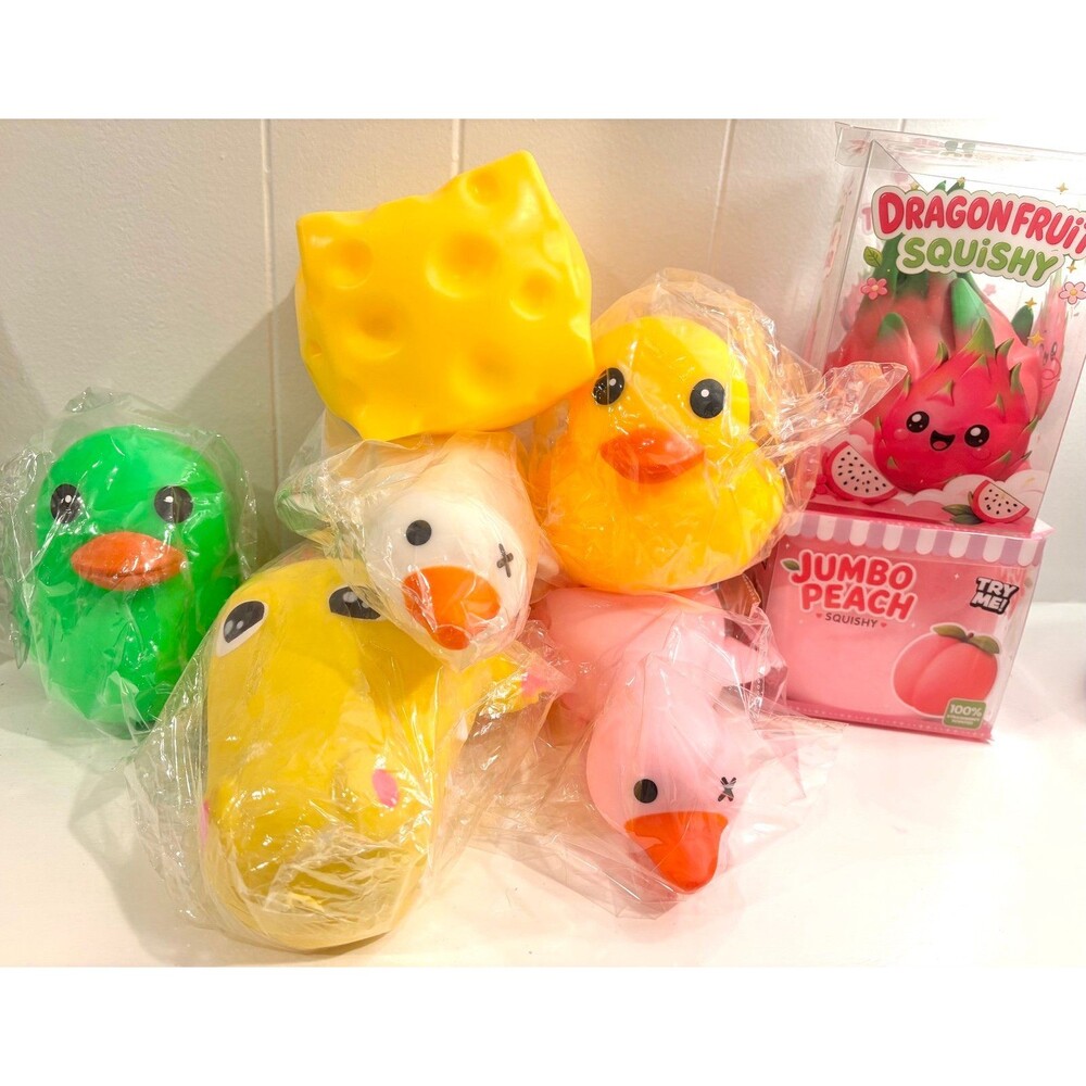 RMS Crazy Fun Five Below JUMBO squishy Lot - Duck , peach dragon fruit squish